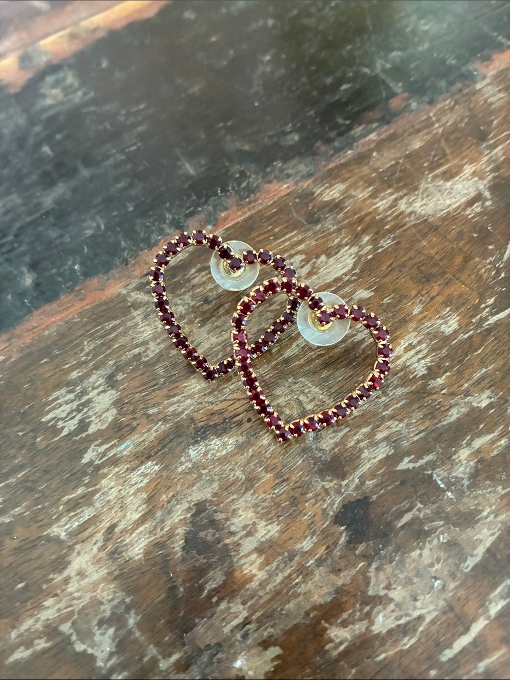 Charming Charlie Gold Heart Hoop Earrings with Red Crystals